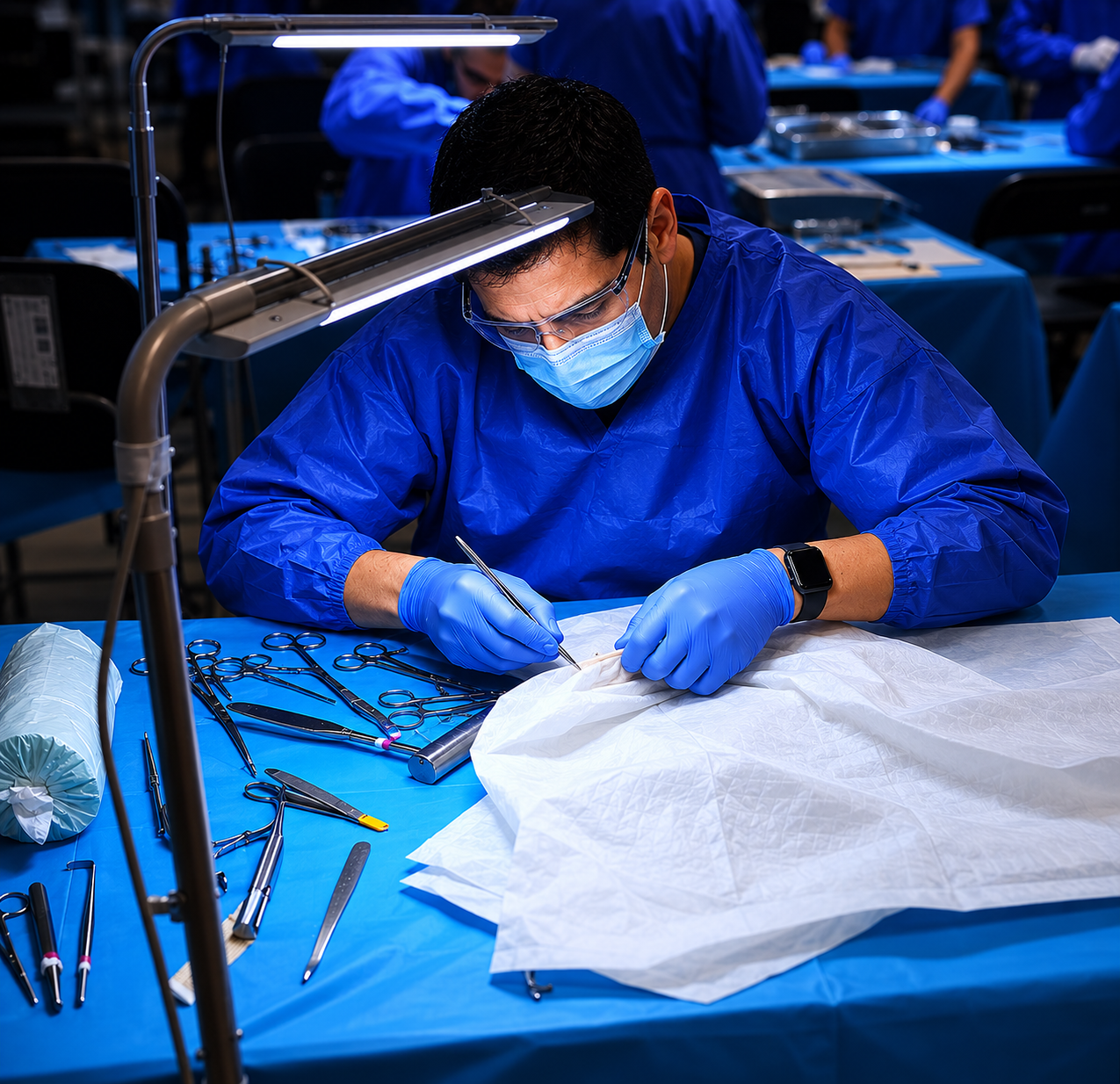Médico realizando práctica de sutura con instrumental especializado